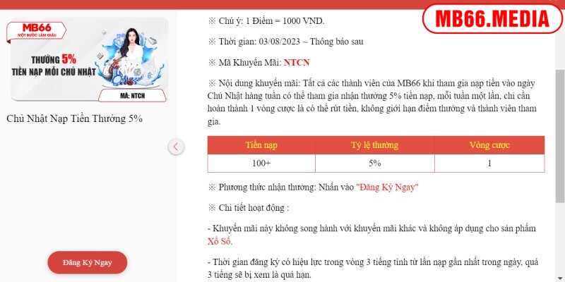 Điều kiện nhận thưởng 5% tại nhà cái MB66